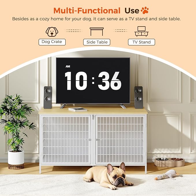 MAHANCRIS Dog Crate Furniture for 2 Dogs, 43.3" Dog Kennel with Removable Divider, Heavy Sturdy Dog Furniture Style Double Cage for Small Medium Dogs, Indoor Pet House End Table, Natural and White
