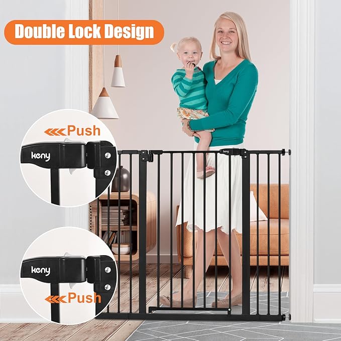 keny 36" Extra Tall Baby Gate for Stairs, 29"-42.5" Wide Auto Close Dog Gate, Pressure Mounted Easy Walk Through Pet Gate for Doorways, Durable Safety Stair Gate, Black