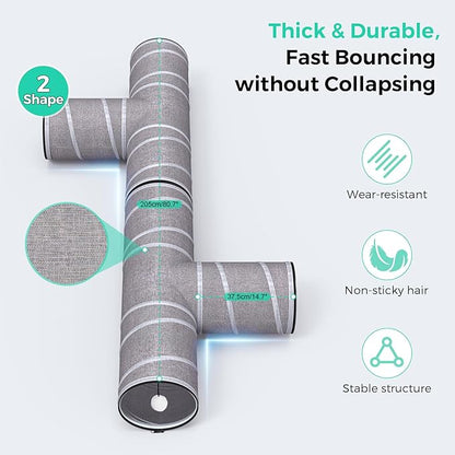 PETOCAT Cat Tunnel 4 Way with Teaser Wand & 2 Plush Ball, 5 Shapes Available, 54/80.7" L, H-Shaped Collapsible Pet Play Tube Maze for Kitten Puppy Bunny Ferret Rabbit, Indoor/Outdoor Peekaboo Cave