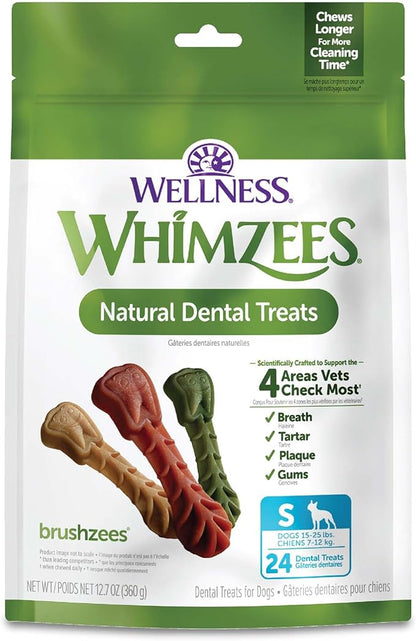 Whimzees Wellness Brushzees Dog Dental Treat, VOHC Accepted Chews, Freshens Breath, Small Size, 12.7 oz Bag, 24 Count