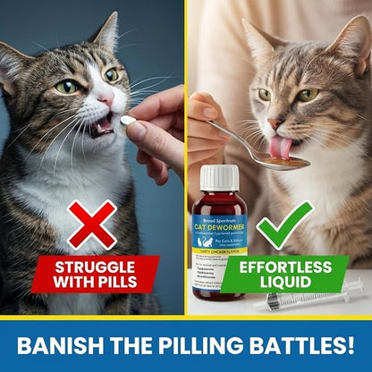 Liquid Dewormer for Cat and Kittens, Praziquantel and Pyrantel Pamoate Oral Suspension, Broad Spectrum Removes Roundworm, Hookworm, Tapeworm, Includes 3ml Dosing Syringe (100ml)