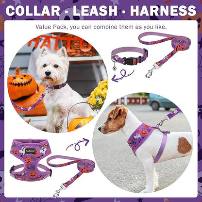 SCENEREAL Halloween Small Dog Harness Collar and Leash Set, Adjustable No Pull Pet Harnesses, No Chock Soft Mesh Vest Costume for Doggie Puppy Dogs Cats Girl Boy Outdoor Walking