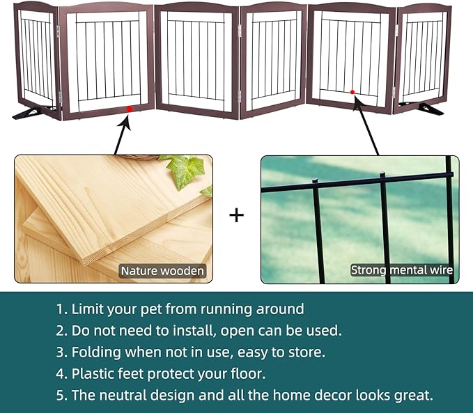 ZJSF Freestanding Dog Fence Indoor, Foldable Dog Gate for Doorways, Stairs or Hallways, Sturdy Wood Extra Wide Pet Gate with Support Feet for The House, Brown, 24 "Height-6 Panels
