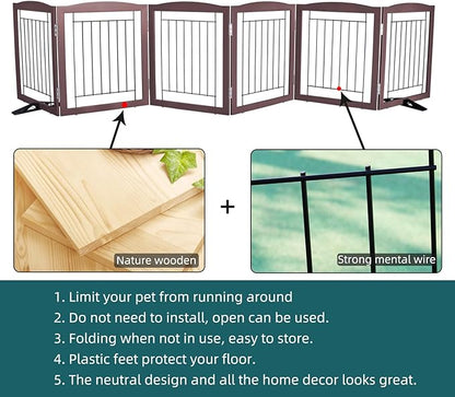ZJSF Freestanding Dog Fence Indoor, Foldable Dog Gate for Doorways, Stairs or Hallways, Sturdy Wood Extra Wide Pet Gate with Support Feet for The House, Brown, 24 "Height-6 Panels