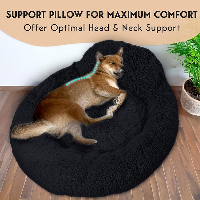 PetJett Calming Dog Bed Medium Size Dog - 30'' Donut Bed, Anti-Slip & Washable Super Soft Fluffy Plush Round Bed, Anti-Anxiety Premium Comfort Pet Bed, Fits Dogs up to 45 lbs - Black