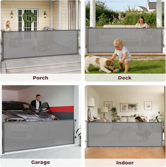 96" Retractable Baby Gates Large Openings, Extra Wide Mesh Dog Gate for Garage Deck Porch, Strong Suction Disc Prevent Crawling Under, 34" Tall Long Safety Gate for Child Indoor Outdoor, Gray