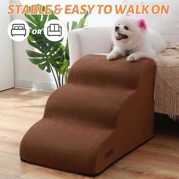 Aodisman 3-Step Dog Ramp and Stairs for Sofa and Chair - Non-Slip Sturdy Pet Steps for Small Dogs and Cats,15.7" H,Brown