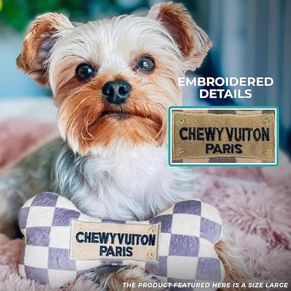 Haute Diggity Dog Chewy Vuiton Bone Ball & Handbag Plush Squeaky Dog Toys, Soft Durable Designer-Inspired Stuffed Puppy Chew Toys for Small & Medium Dogs, Machine-Washable (Tan Checker) One Size 3 Pcs