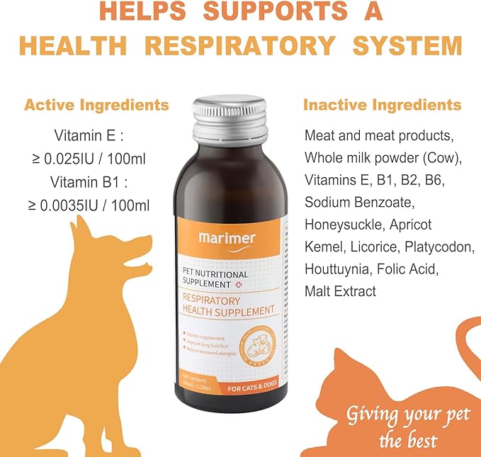 Respiratory Health Supplement for Cats for Dogs – Herbal Formula with Honeysuckle, Licorice, Houttuynia & Vitamins – Supports Clear Breathing, Lung Function & Seasonal Allergy Relief – 3.38oz (100ml)