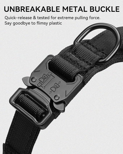 Joytale Tactical Dog Collar with Handle and Metal Buckle, Heavy Duty Padded Military Collar with 2 Patches for Training, Adjustable for Large Dogs, Black, L