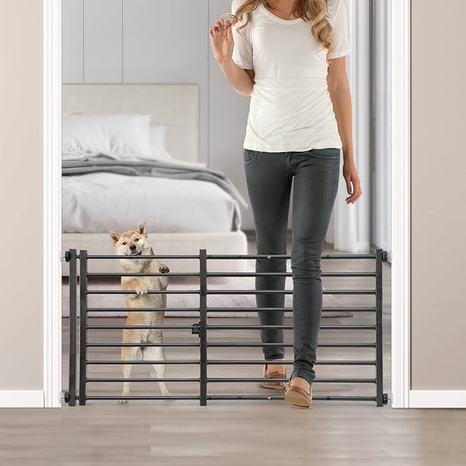Malier Indoor Dog Gate with Door, 26-41" Extra Wide Full Metal Pet Gate Short Dog Gate for Stairs, Pressure Mount 20'' Tall Small Puppy Gate, Easy Step Over Low Gate for Doorways