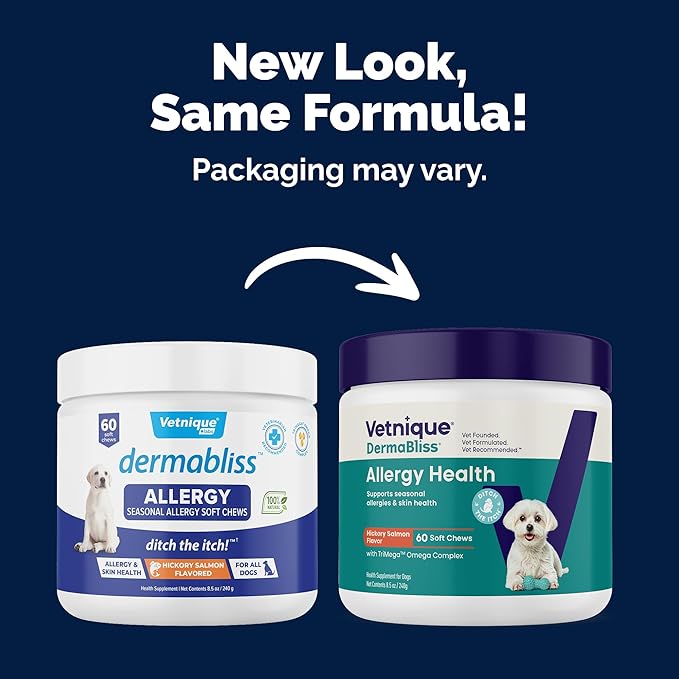 Vetnique DermaBliss Dog Allergy Chews for Seasonal Allergy Itch Relief, Skin & Gut Health with Probiotics and Omega 3 Blend - Advanced or Regular Strength (60ct, Regular Strength Chews)
