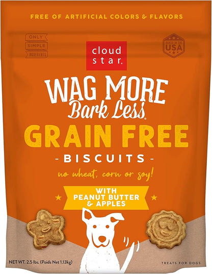 Cloud Star Wag More Bark Less Crunchy Grain Free Dog Treats, Peanut Butter & Apples, 2.5 lbs. Bag