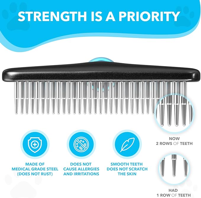 DOGI Deshedding Brush - Undercoat Rake for Dogs, Cats, Matted, Short, Long Hair Coats - Double Row Stainless Steel Pins - Reduce Shedding by 90% (Blue)