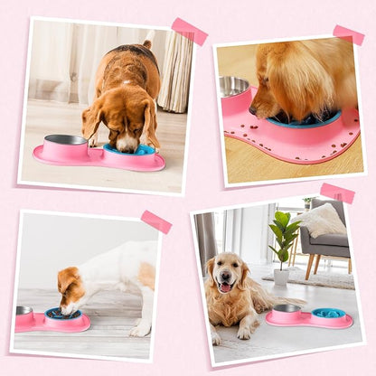 MateeyLife Dog Food and Water Bowl Set 3 in 1, Slow Feeder Dog Bowls & Stainless Steel Water Bowl with Non-Spill Silicone Mat, Cat and Puppy Bowls Pet Dishes for Small Medium Large Breed Anti-Choking