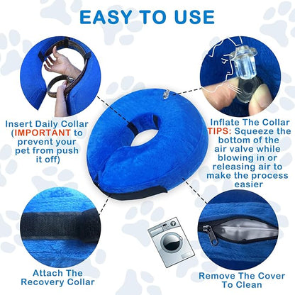 Inflatable Dog Cone Collar, Soft Dog Cone Blow-up Protective Recovery Collar, Blue (L Size)