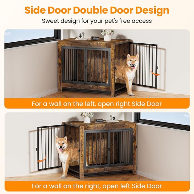 Derfullo Dog Crate Furniture, 38 Inch Indoor Dog Kennel for Medium Dogs Up to 50 LBS, Heavy Duty Wooden Pet Cage End Table with 3 Doors, Alloy Steel Frame & Removable Tray