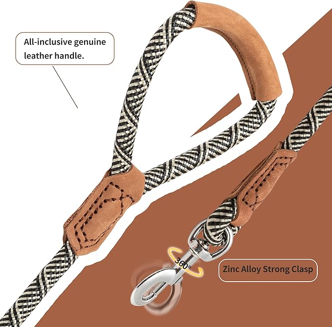 Mile High Life | Premium Leather Handle Dog Leash | Strong Rope Leash | Zinc Alloy Strong Clasp | Small Medium Large Dogs | 4/5/6 Feet(White, 48 Inch (Pack of 1))