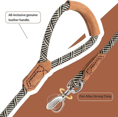 Mile High Life | Premium Leather Handle Dog Leash | Strong Rope Leash | Zinc Alloy Strong Clasp | Small Medium Large Dogs | 4/5/6 Feet(White, 48 Inch (Pack of 1))