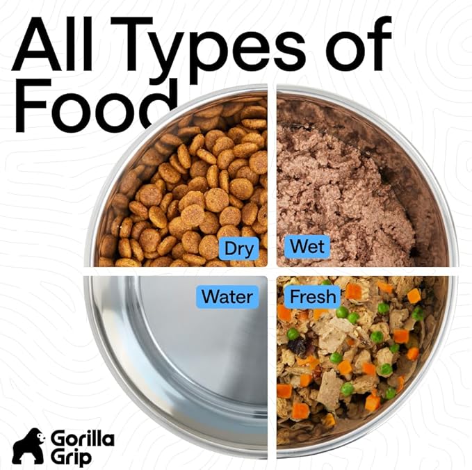 GORILLA GRIP Dog Bowls, Food Grade 304 Stainless Steel, Holds 8 Cups Each (64 fl oz) Food and Water Bowl for Feeding Dogs and Cats, Dishwasher Safe, Rust Resistant, BPA Free Rubber Base Set of 2 Beige