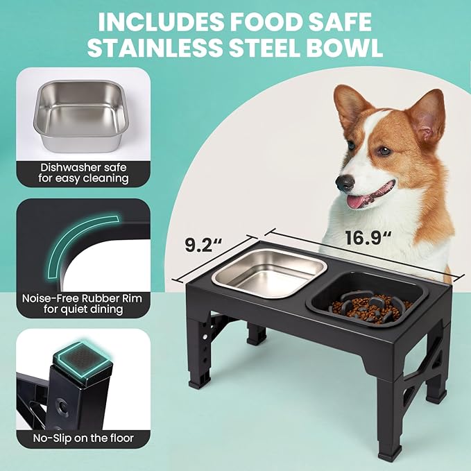 Niubya Elevated Dog Bowls, with Slow Feeder Bowl and Stainless Steel Dog Food Bowl, Raised Dog Bowls Adjusts to 5 Heights (3.15", 8.66", 9.84",11.02", 12.2") for Small Medium and Large Dogs
