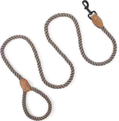 Mile High Life Dog Leash, Braided Cotton Rope Leashes with Leather Tailor Tip with Leather Tip - Heavy Duty Metal Clasp, 5FT, 1/2" Thick - Wedding, Walking Leash for Medium Large Dogs(Camel)