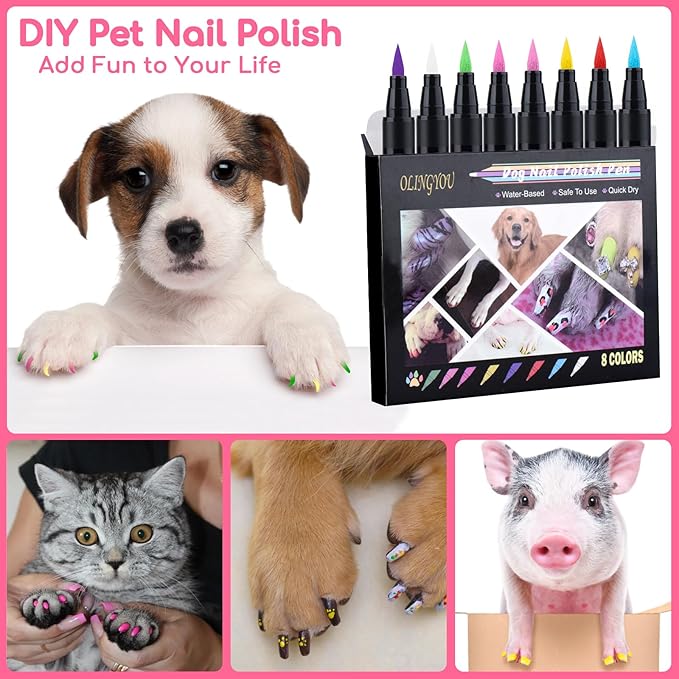 OLINGYOU Dog Nail Polish， Dog Nail Polish Pens Quick Dry-8 Colors, Pet Nail Polish Set for Dogs， DIY Dogs Puppy Nails, Dog Safe Nail Polish Non Toxic, Odorless, Easy to Apply