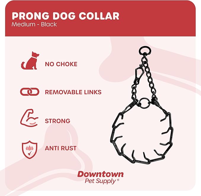 Downtown Pet Supply Chrome Plated Prong Collar for Dogs, Medium - Adjustable, No-Choke and No Pull Dog Collar with Removable Links - Pinch Collar for Dogs 20-40 lbs and 20" Neck Width, Black
