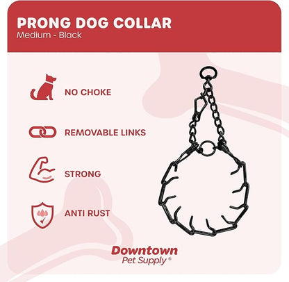 Downtown Pet Supply Chrome Plated Prong Collar for Dogs, Medium - Adjustable, No-Choke and No Pull Dog Collar with Removable Links - Pinch Collar for Dogs 20-40 lbs and 20" Neck Width, Black