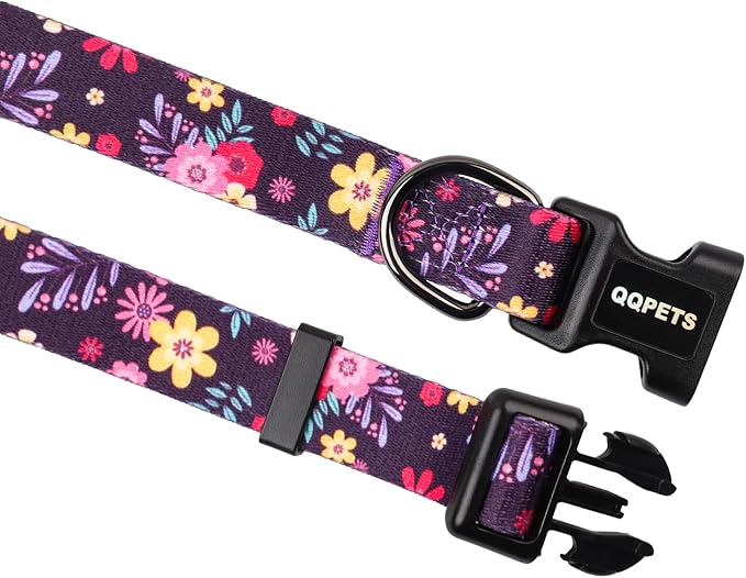 QQPETS Adjustable Soft Dog Collar: Print Flower Pink Multicolor Cute Patterns for XS Small Medium Large Pet Girl Boy Puppy Walking Running Training (M, Elegant Purple)