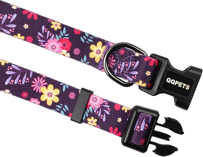 QQPETS Adjustable Soft Dog Collar: Print Flower Pink Multicolor Cute Patterns for XS Small Medium Large Pet Girl Boy Puppy Walking Running Training (M, Elegant Purple)