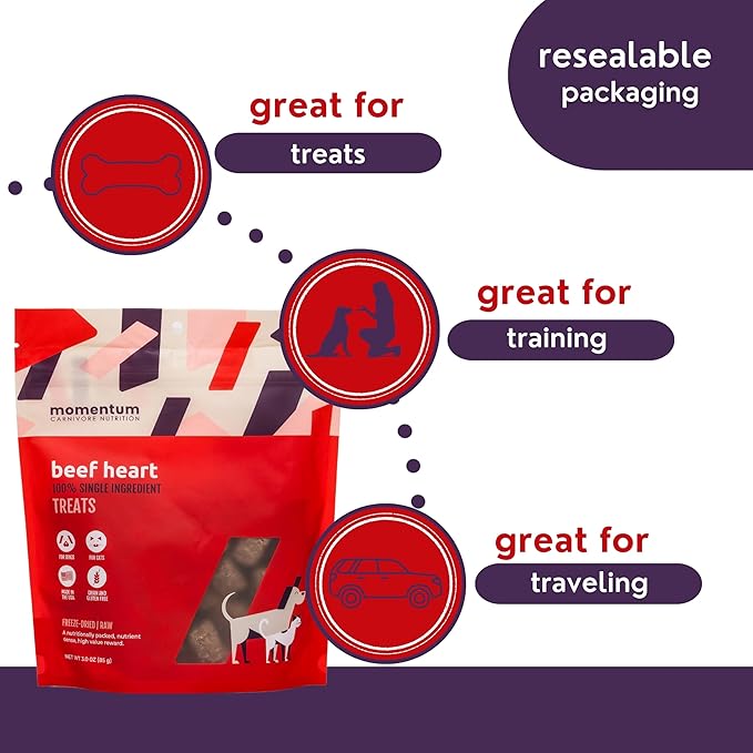 Momentum Carnivore Nutrition Freeze-Dried Beef Heart Dog Treats & Cat Treats – Single-Ingredient, High-Protein, Grain-Free – Made in USA – 3 oz Bag