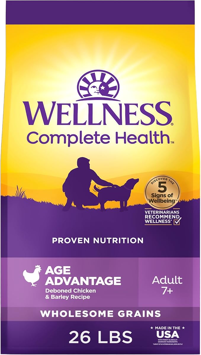 Wellness Complete Health Age Advantage Senior Dry Dog Food, Wholesome Grain Kibble, Natural, Chicken and Barley Recipe, 26 lb Bag