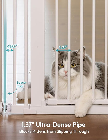 No Pawblems 55" Extra Tall Pet Gate for Cat/Dog, 31.5-48" Wide Auto Close Tall Cat Gate with 25.6" Wide Walk-Thru Door Opening, 1.37" Ultra Narrow Spacing, NO Drilling Pressure Mounted, White