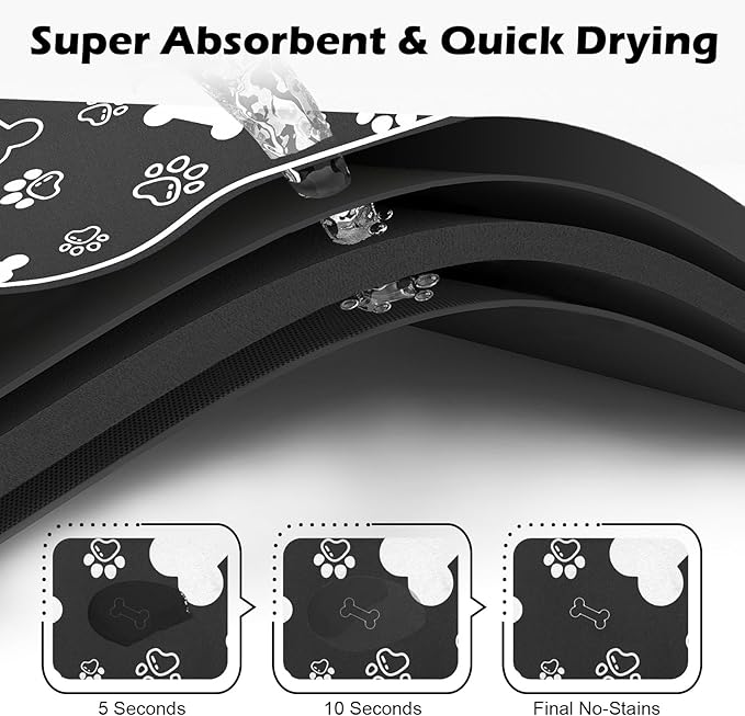 Voanos Dog Cat Food Mat,Rapid AbsorbentPet Feeding Mat, Bone Shaped Dog Placemat Water Bowl Mat with Rubber Backing,No Stains Dog Cat Food Mats Indoor, Pet Accessories Supplies 12""x18"" Black