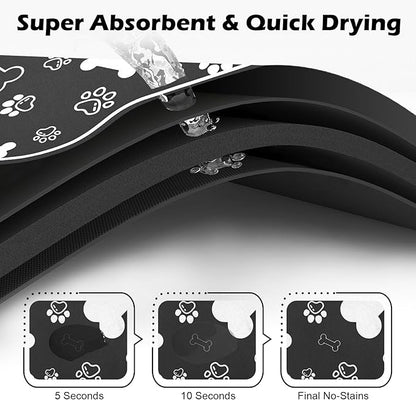 Voanos Dog Cat Food Mat,Rapid AbsorbentPet Feeding Mat, Bone Shaped Dog Placemat Water Bowl Mat with Rubber Backing,No Stains Dog Cat Food Mats Indoor, Pet Accessories Supplies 12""x18"" Black