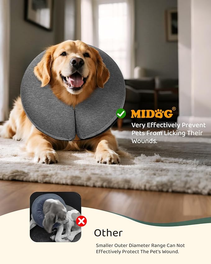 MIDOG Inflatable Dog Cone Collar – Soft Dog Cone Alternative After Surgery, Comfortable Recovery Neck Donut ECollar for Small Medium & Large Dogs and Cats to Stop Licking & Vision-Friendly (Grey,M+)