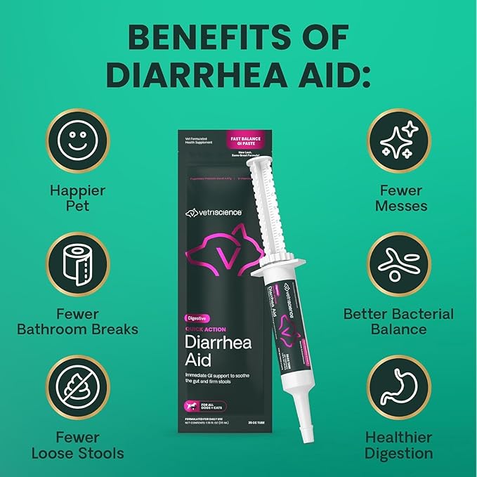 VetriScience Quick Action Diarrhea Aid Paste with Probiotics & B Vitamins, Fast Balance Digestive Support Supplement for Dogs and Cats, Gut Balancer, Unflavored, 35 cc