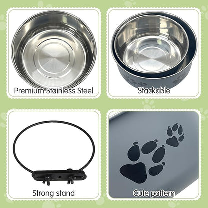 Kathson 2 Pcs Dog Kennel Crate Feeder, Stainless Steel No Spill, Hanging Metal Pet Food Bowl for Cats Small Medium Dogs (Gray)