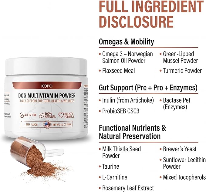 Kopo Dog Multivitamin Powder | Supports Heart, Daily Vitality, Immune Health, Digestion, Skin & Coat and Hip & Joint | For Puppy, Adult & Senior Dogs | Beef Liver Flavor | All Breeds Sizes | 99 Scoops