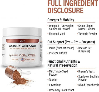 Kopo Dog Multivitamin Powder | Supports Heart, Daily Vitality, Immune Health, Digestion, Skin & Coat and Hip & Joint | For Puppy, Adult & Senior Dogs | Beef Liver Flavor | All Breeds Sizes | 99 Scoops