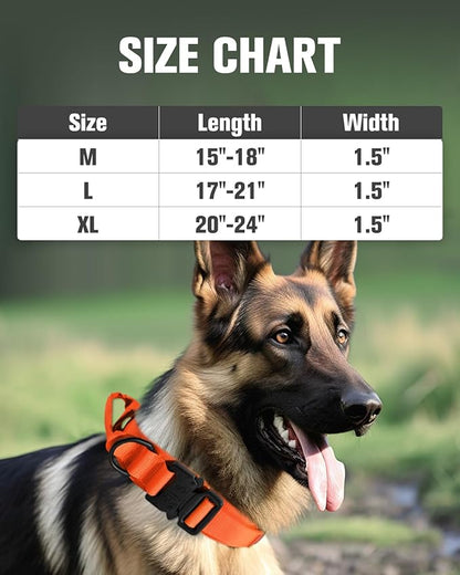 Joytale Tactical Dog Collar with Handle and Metal Buckle, Heavy Duty Padded Military Collar with 2 Patches for Training, Adjustable for XLarge Dogs, Orange, XL