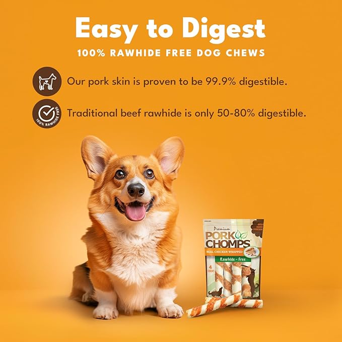 Pork Chomps Baked Pork Skin Dog Chews, 6 Inch Twists, 4 Count - Real Chicken Wrap - Long-Lasting Treats for Dogs - High Protein, Rawhide-Free, Low Fat, Healthy & Delicious Chews