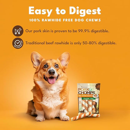Pork Chomps Baked Pork Skin Dog Chews, 6 Inch Twists, 4 Count - Real Chicken Wrap - Long-Lasting Treats for Dogs - High Protein, Rawhide-Free, Low Fat, Healthy & Delicious Chews