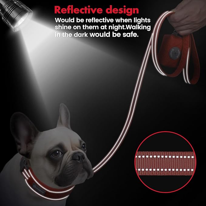Reflective Dog Collar Leash Set, Adjustable Soft Dog Collar Leash with Poop Bag Holder Dispenser for Small Medium Large Dogs, Multiple Color Available, Red, Medium