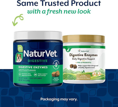 NaturVet – Digestive Enzymes - Plus Probiotics & Prebiotics – Helps Support Diet Change & A Healthy Digestive Tract – for Dogs & Cats (Soft Chews, 120 Count)