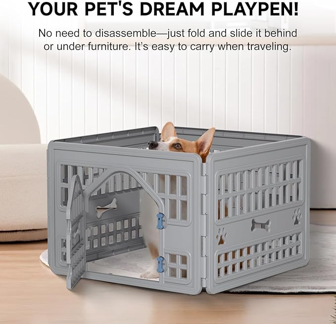 4-Panel Dog Pen Indoor Resin Dog Crate Easy Assemble, Fold It Down, for Dogs Indoor Small, Portable Dog House for Puppies