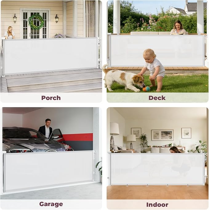 96" Retractable Baby Gates Large Openings, Extra Wide Mesh Dog Gate for Garage Deck Porch, Strong Suction Disc Prevent Crawling Under, 34" Tall Long Safety Gate for Child Indoor Outdoor, White
