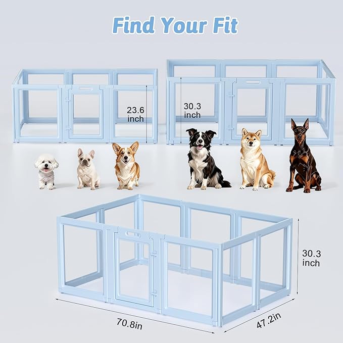 DIY Clear Acrylic Dog Playpen House,Quick Easy Assembly and Disassembly,Strong Floor Suction,Indoor and Outdoor Use,Easy Cleansing Puppy Fence (Sky Blue, 30.3" H, 10PCS)