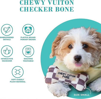Haute Diggity Dog Chewy Vuiton Bone Plush Squeaky Dog Toy, Soft Durable Designer-Inspired Stuffed Puppy Chew Toys for Small, Medium & Large Dogs, Machine-Washable (Tan Checker) XL